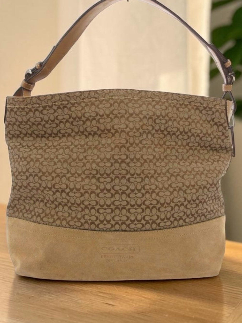 Vintage Coach Signature Canvas & Suede Hobo Shoulder Bag